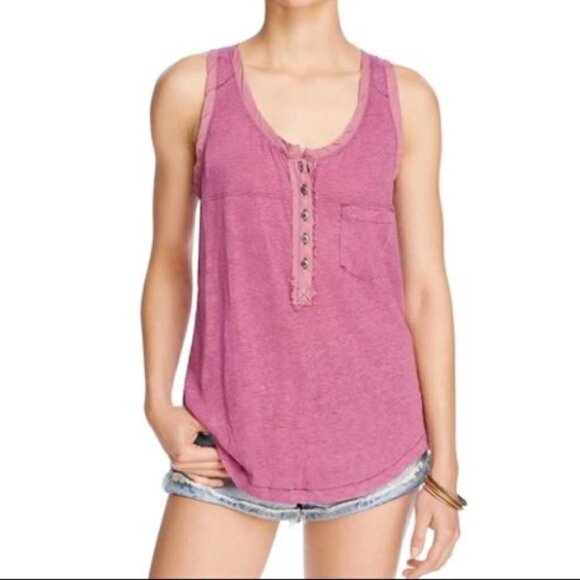 Free People Traveler tank top shirt purple pink Linen burnout henley distress S - Picture 1 of 5